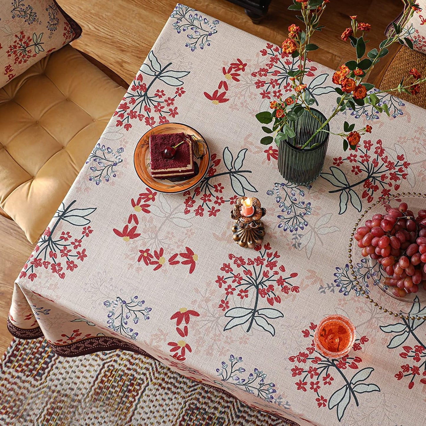 patdrea Designer French Linen Long Tablecloth for Rectangle Table,Vintage Red Floral Tablecloths,Dacorative Cover for Kitchen Dining,Tea Party,Christmas,Thanksgiving,Holiday,63"x87"-Newmari
