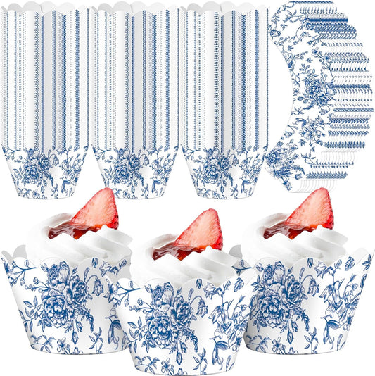 Domensi 100 Pcs Blue Floral Cupcake Wrappers Rustic Cupcake Liners Baking Cups Baking Liners for Wedding Bridal Baby Shower Birthday Party Supplies Dessert Decoration, Blue