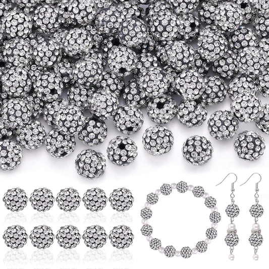 160pcs 10mm Rhinestone Beads for Jewelry Making, Black White Shiny Round Disco Ball Beads Bulk, Sparkle Crystal Clay Christmas for Bracelet Baseball Necklace Earring Crafting and DIY