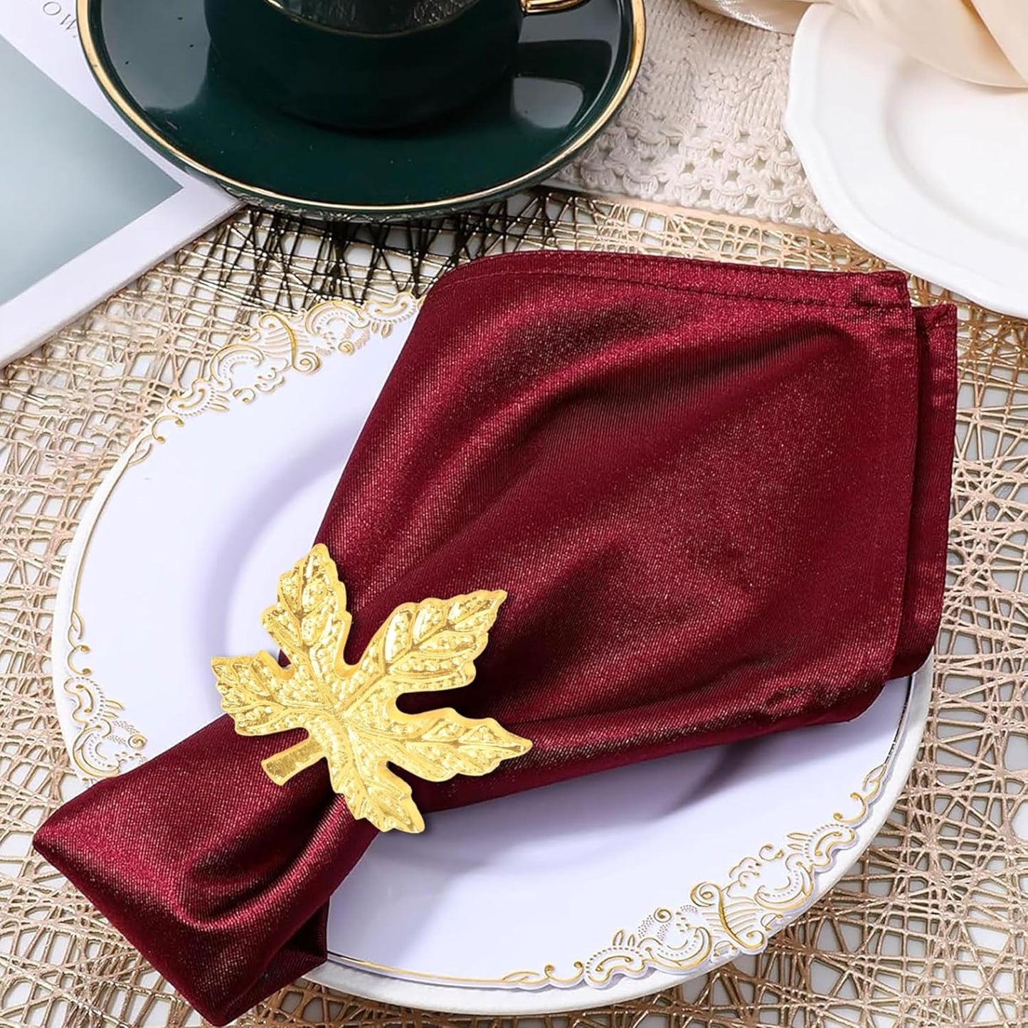 Elegant Handcrafted Leaf Napkin Rings - Set of 12 Premium Aluminum Holders for Dinner Parties, Weddings, Special Occasions & Everyday Dining (Gold) - CLEENTABLE