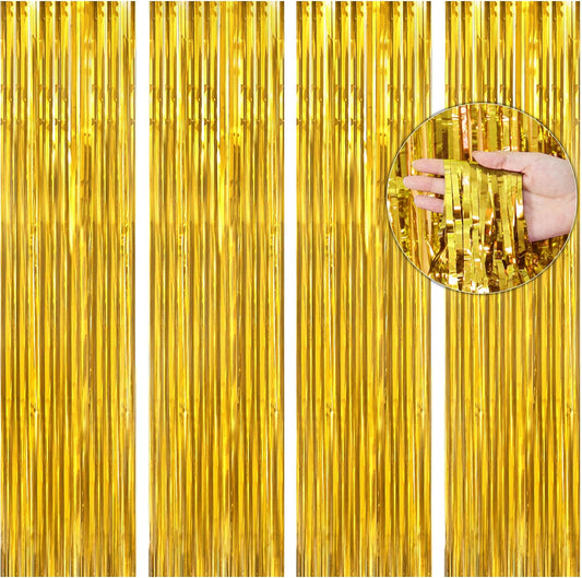 BTSD-home Gold Foil Fringe Curtain, Metallic Photo Booth Backdrop Tinsel Door Curtains for Wedding Birthday Bridal Shower Baby Shower Bachelorette Christmas Party Decorations(4 Pack, 8ft x 3ft)