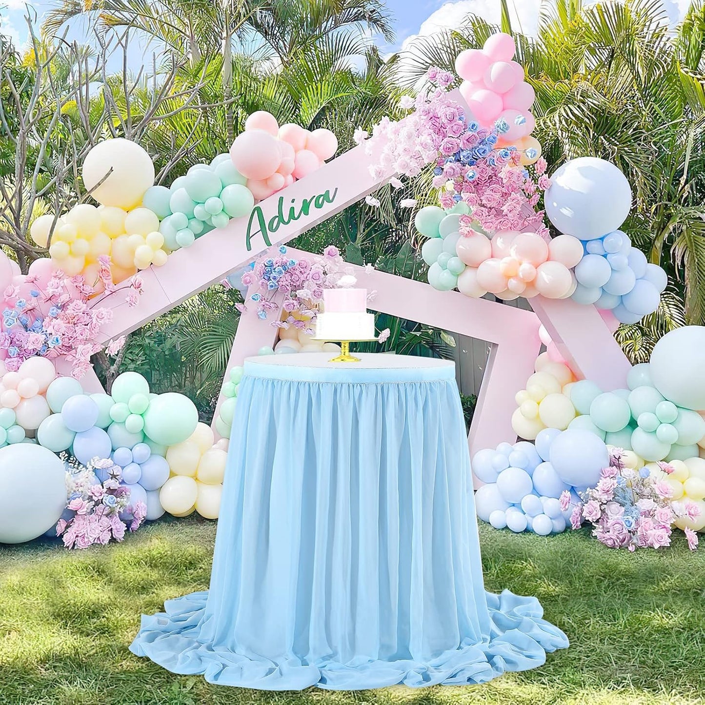 QueenDream 6ft Baby Blue Chiffon Table Skirt for Rectangle Table Sheer Tablecloth for Baby Shower Wedding Birthday Mermaid Theme Party