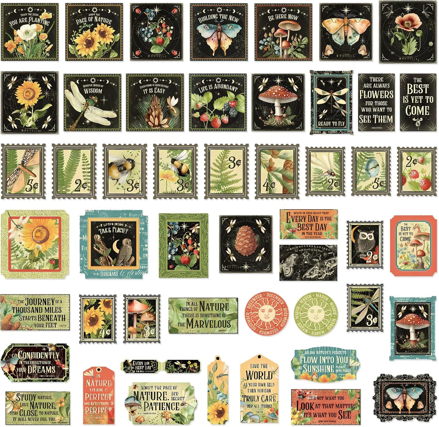100 Pcs Postage Stamp Stickers, Aesthetic Insect Plants Decorative Stickers for Scrapbooking Bullet Journaling Planners DIY Calendars Notebook Junk Journal