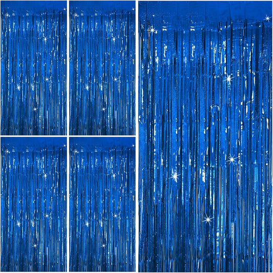 Tinsel Curtain Party Backdrop Blue Birthday Decorations 5 Packs Glitter Foil Fringe Curtain Party Decor Streamers Photo Booth for Birthday Christmas Wedding Halloween Graduation Decorations