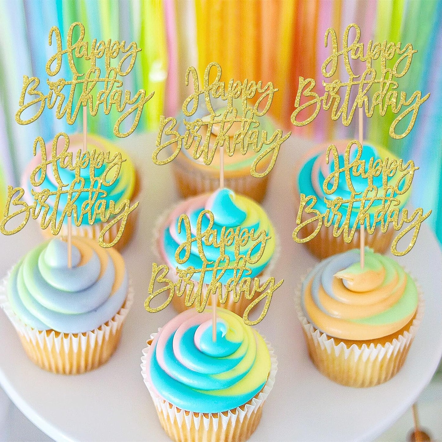 24 PCS Happy Birthday Cupcake Toppers Glitter Picks for Celebrating Anniversary Theme Party Cake Decorations Supplies Gold