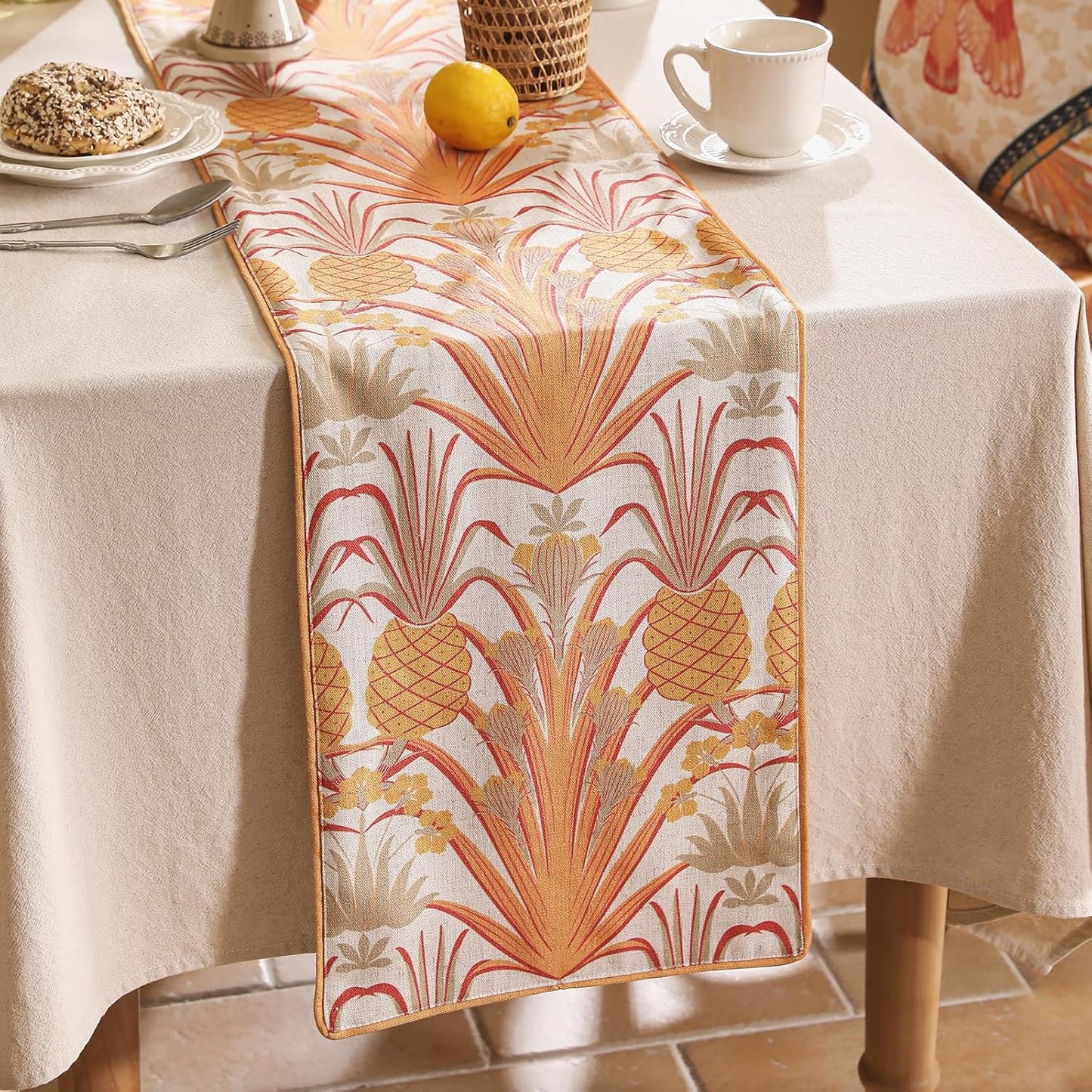 patdrea Designer Tropical Linen Table Runner 102 Inch Long, Yellow Vintage Elegant with Pineapple Pattern Table Mat,Decoration for Kitchen Dining Coffee Table Cover Banquet Christmas , 12"*102"