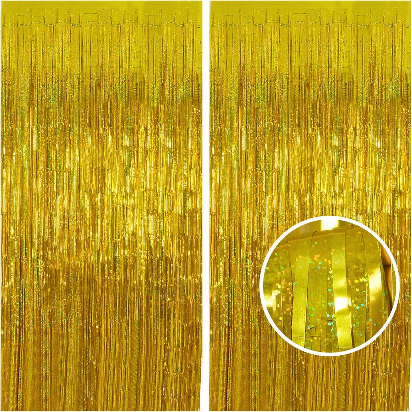 Melsan Gold Foil Curtain, 2 Pack 3.2 ft x 8.2 ft Tinsel Foil Fringe Curtains Backdrop, Sparkle Metallic Foil Fringe Curtains for Class of 2025 Retirement Fathers Day Decorations Photo Booth Props