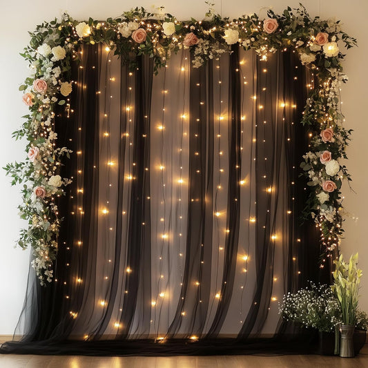 Tulle Backdrop Curtain with Lights String 10FT X 8FT Black Sheer Tulle Backdrop Curtains for Wedding Birthday Party Reception Photo Booth Background Decorations (2 Panels 5x8FT)