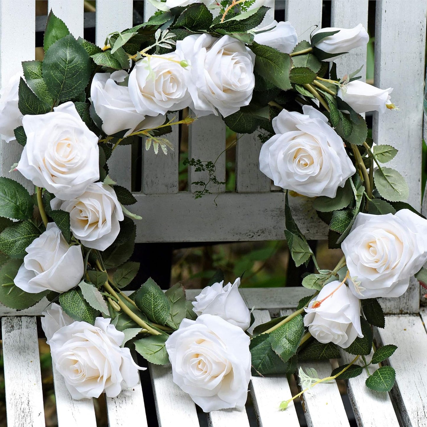 FiveSeasonStuff Floral White Artificial Silk Roses Flower Garland, Bendable Hanging Vine (2pcs, 11ft)