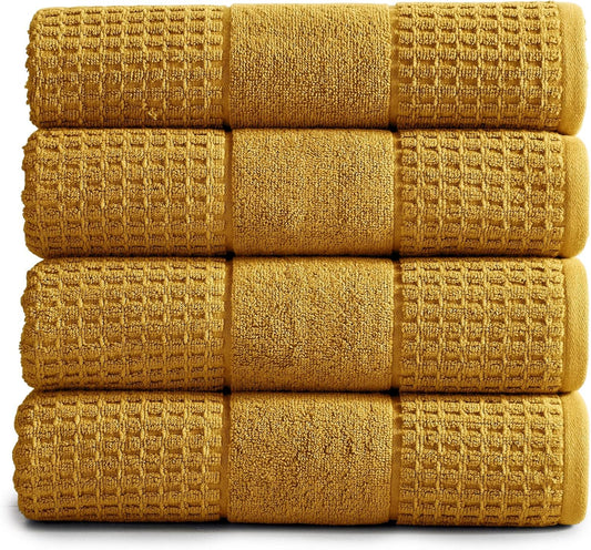 100% Cotton Super Soft Luxury Bath Towel Set | Quick-Dry and Highly Absorbent | Waffle Textured | 550 GSM | Includes 4 Bath Towels | Harper Collection (Mustard Yellow)
