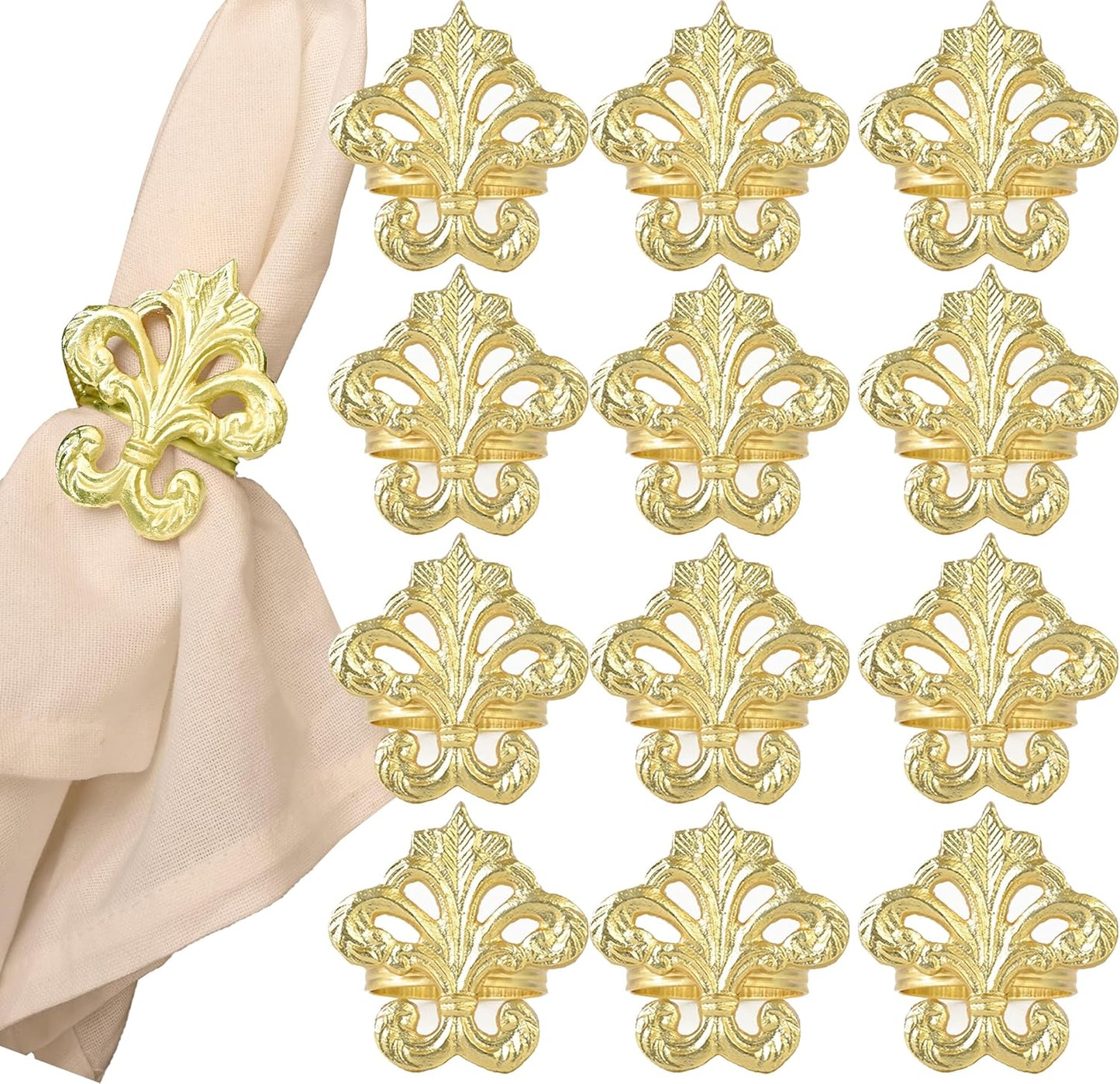Lightweight Metal Napkin Rings Set of 12 - Fleur-de-Lis Napkin Holders for Dining Table, Weddings, and Special Events - Elegant Table Décor for Home & Restaurants (Gold) - CLEENTABLE