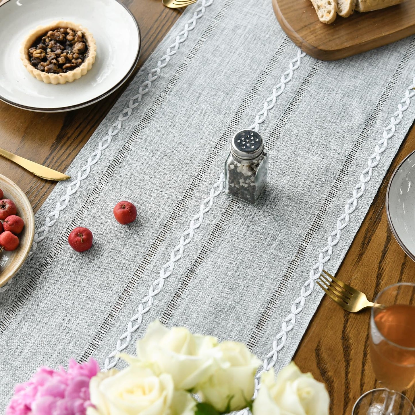 Artoid Mode Grey Rustic Cotton Linen Table Runner, Seasonal Embroidered Hollow Kitchen Dining Table Decoration for Home Party Decor 13x72 Inch