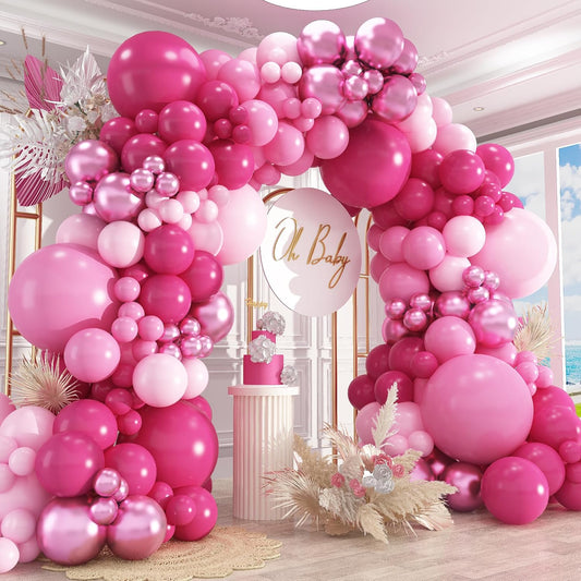 412Pcs Pink Balloon Garland Arch Kit,18 12 10 5 Inch Hot Pink Balloons Metallic Magenta Latex Balloons for Birthday Shower Princess Theme Party Wedding valentines Background Decorations