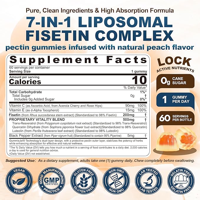 Liposomal Fisetin 200mg & Resveratrol Complex 500mg Liquid Gummies - Longevity & Cell Renewal Support - 98% High Purity Fisetin,Trans-Resveratrol Quercetin Luteolin with Vitamins C & E, 1-A-Day, 60Cts