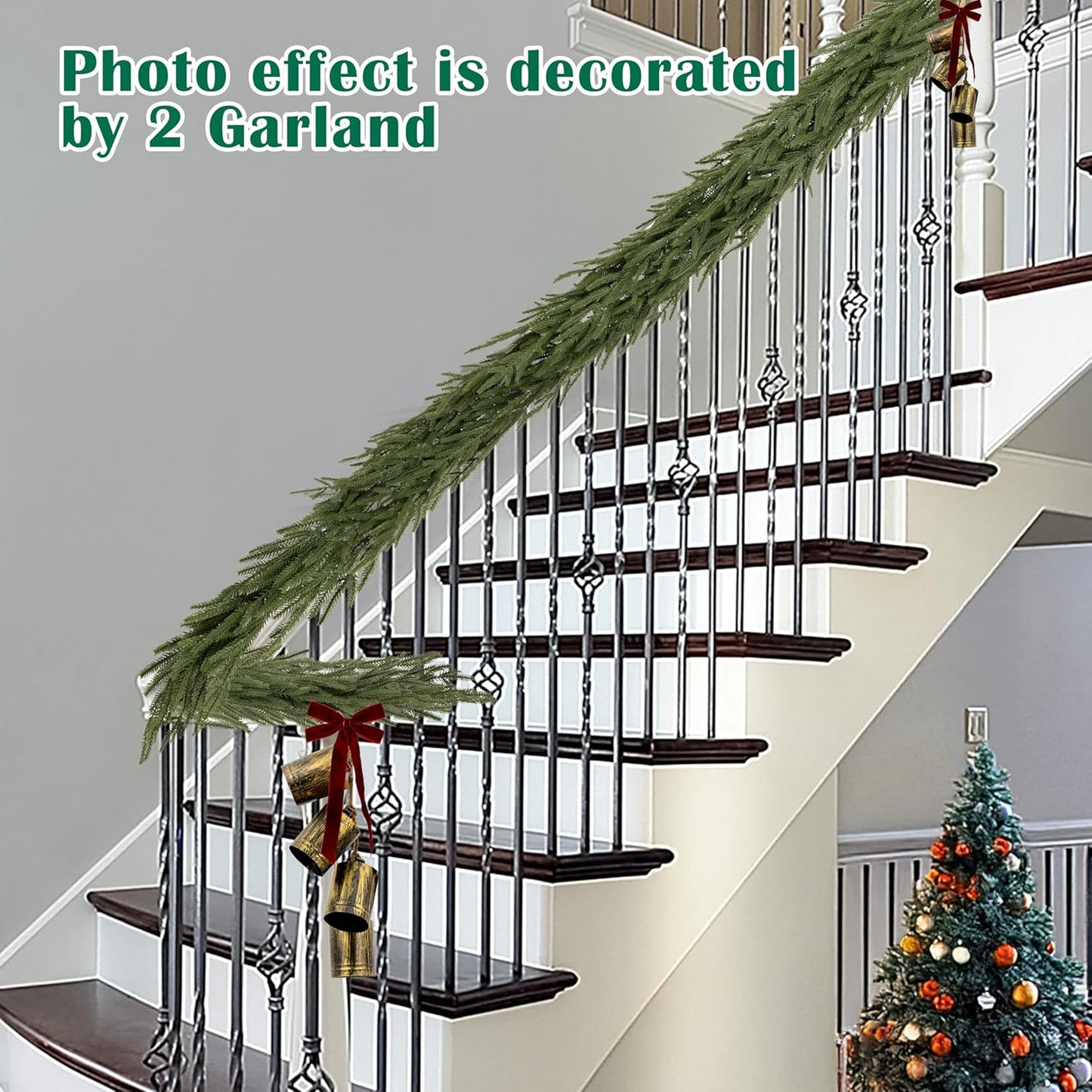 2 Pcs 6FT Christmas Garlands Norfolk Pine Garland - Real Touch Winter Pine Garland, Artificial Norfolk Tree for Indoor Outdoor Holiday Decor, Fireplace Mantel, Door, Porch (Burgundy Bell)
