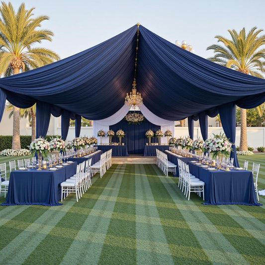 PartyVillage 50ftx40ft Navy Blue Ceiling Curtain for Wedding Parties – 10 Panels Wrinkle-Free 40 FT Long Tent Draping Curtains for Wedding, Birthday & Theme Parties, 40ft Height with Rod Pocket