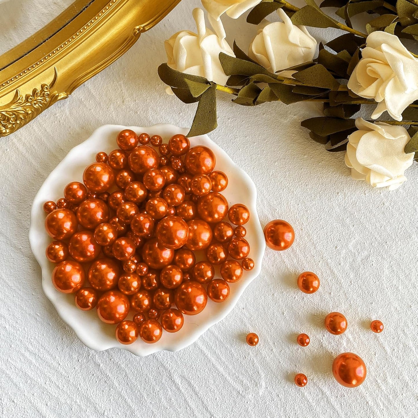 150Pcs Orange Polished No Hole Faux Pearl Beads for Vase Filling Decorations, Plastic Pearls Vase Fillers, Table Scatters, Wedding Centerpiece, Home Decor, 8/14/20 mm
