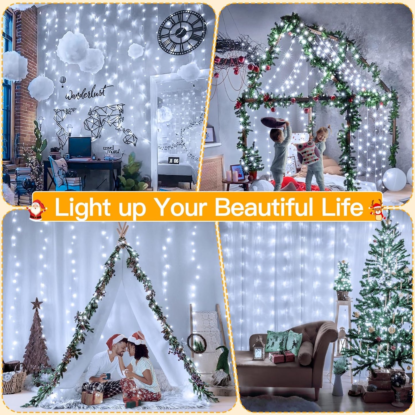 Ollny 300 LED 9.8ftx9.8ft Outdoor Waterproof Christmas Curtain Lights with Remote Timer 8 Modes, USB Powered, Cool White