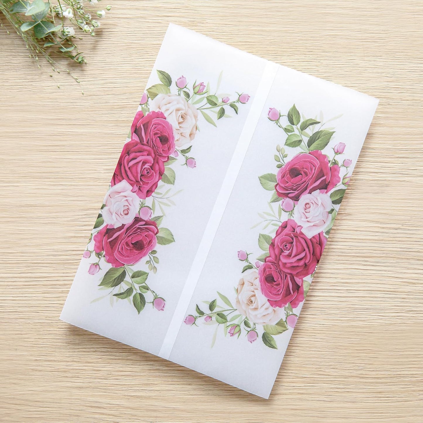 PONATIA 50PCS Vellum Jackets for 5x7 Invitation Cards- 135GSM Fuchsia Flowers Vellum Sleeves Paper 5x7 Jackets - Wedding Invitations Wraps - Transparent Card Jacket