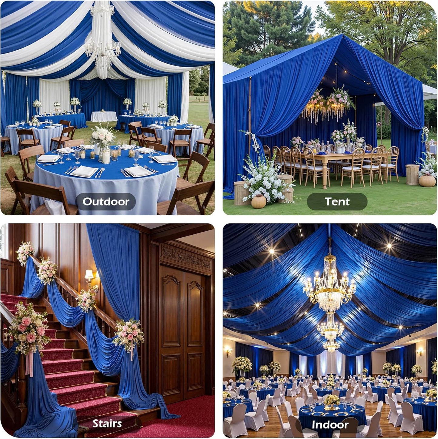 PartyVillage 20ftx40ft Royal Blue Ceiling Curtain for Wedding Parties – 4 Panels Wrinkle-Free 40 FT Long Tent Draping Curtains for Wedding, Birthday & Theme Parties, 40ft Height with Rod Pocket