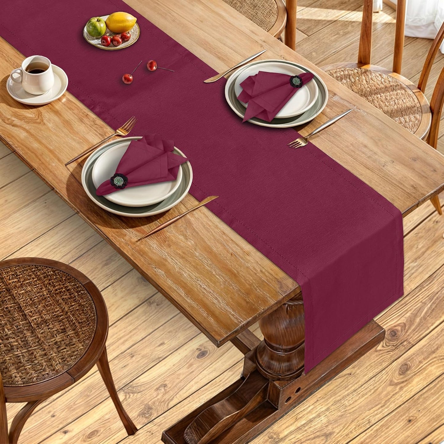 Ruvanti Linen Table Runner 120 Inches, Classic Hemstitch, Washable, Reusable, Non-Slipping, Stain Resistant- Perfect for Parties, Weddings, Dinners, Thanksgiving, Christmas, Indoor use – Burgundy