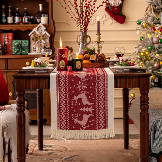 Table Runners 119 Inches,Elk Table Runner with Tassel Fringe,Christmas Table Runner for Party，Coffee Table, Festival