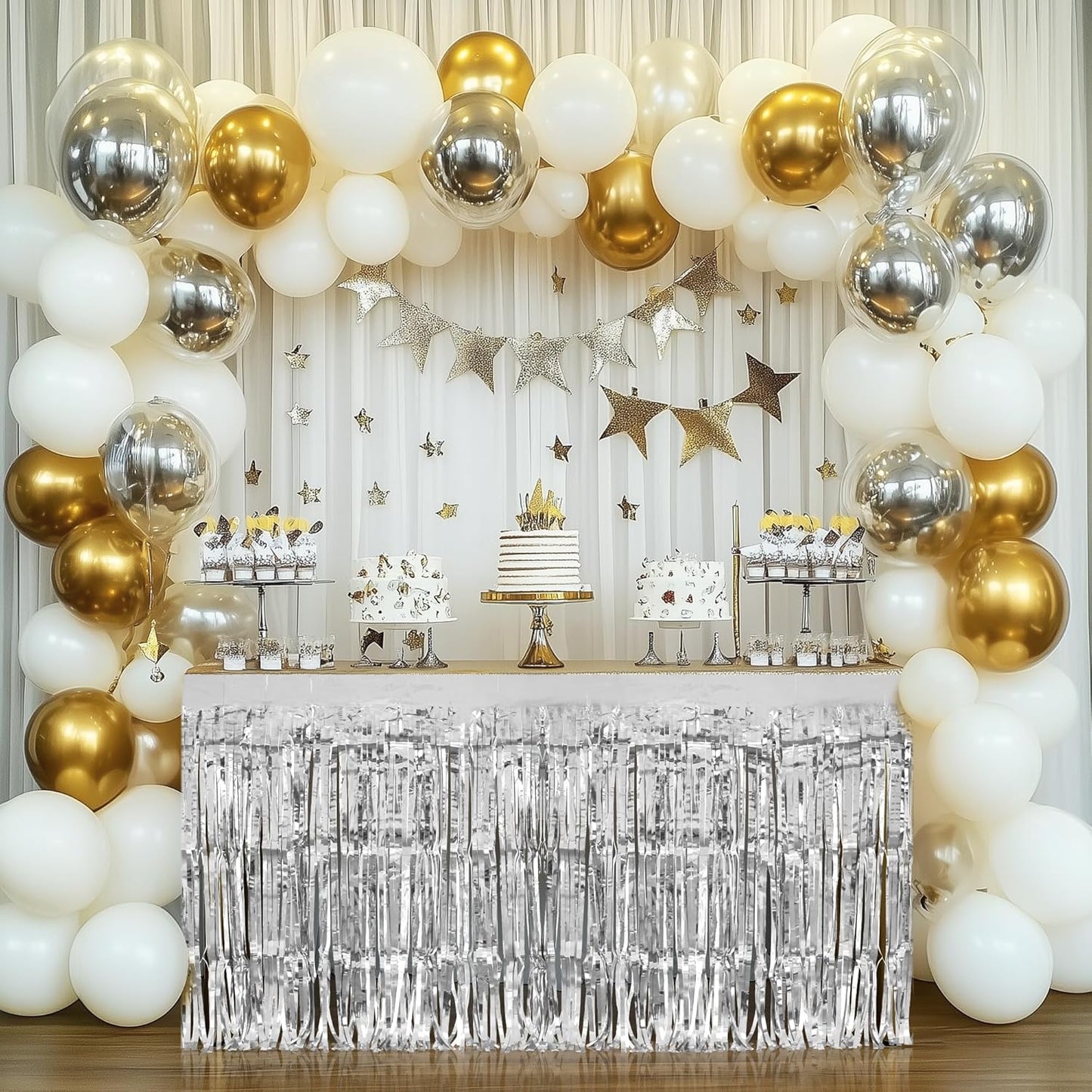 2 Pack Silver Table Skirts, 29x108" Metallic Foil Tinsel Fringe Table Skirts for Rectangle Tables Streamer Curtains Backdrop, Party Decorations for Birthdays Weddings Holidays