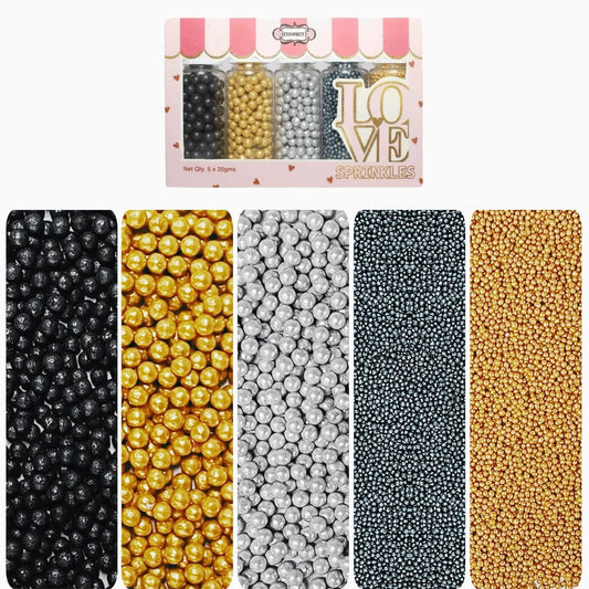 Confect Edible Galaxy Sprinkles | Sprinkles for Cakes & Cupcakes Decoration | pack of 5 Mix Black, Champagne Gold, Sliver, Grey & Golden Pearl | Vegan, Gluten-Free, Nut-Free, Soy-Free, Dairy-Free, Palm Oil-Free- 5 Oz