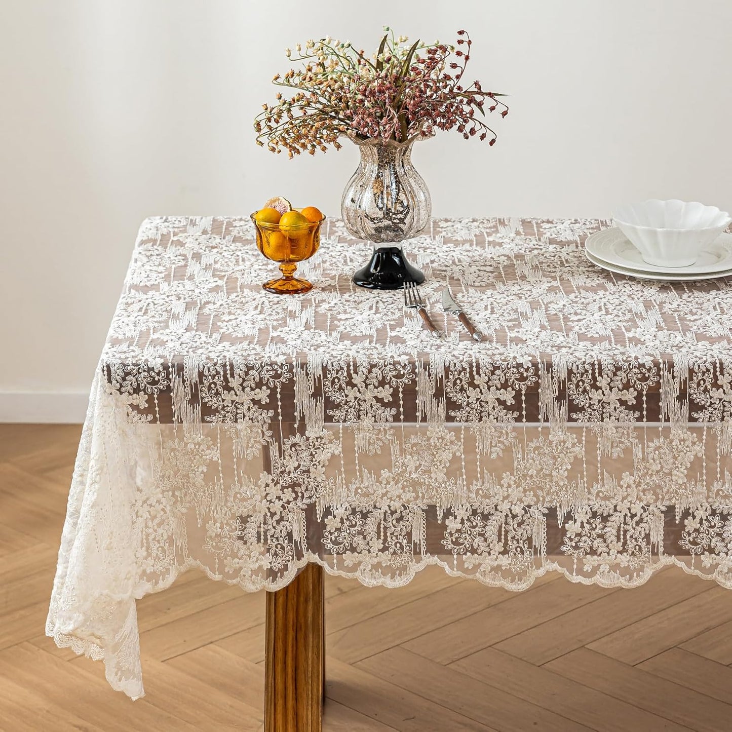 Lace Embroidered Tablecloth. Square Lace Vintage Tablecloth Dustproof Table Protector for Kitchen Dining Room Party Banquet Home Picnic Wedding Decoration (Creamy White 27.5×27.5 inch)