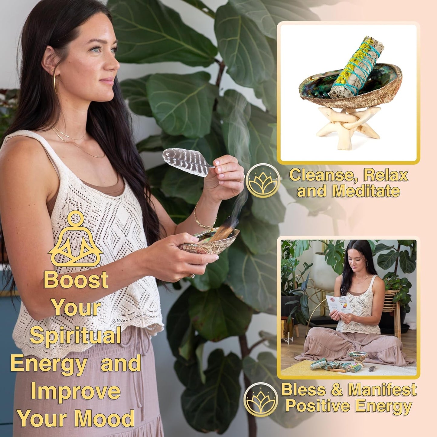 10 Smudge Kit - Flower Sage, White Sage, Blue Sage, Yerba Santa, Cedar, Juniper & Palo Santo Smudge Sticks, Abalone