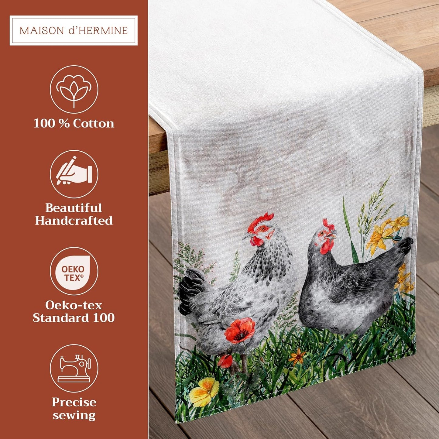 Maison d' Hermine Table runner 100% Cotton Double Layer Table Runners 72 inches long Decorative for Home Kitchen Dining Party Baby Shower Wedding Bridal Shower Spring Summer (Basse Cour, 14.50" x 72")