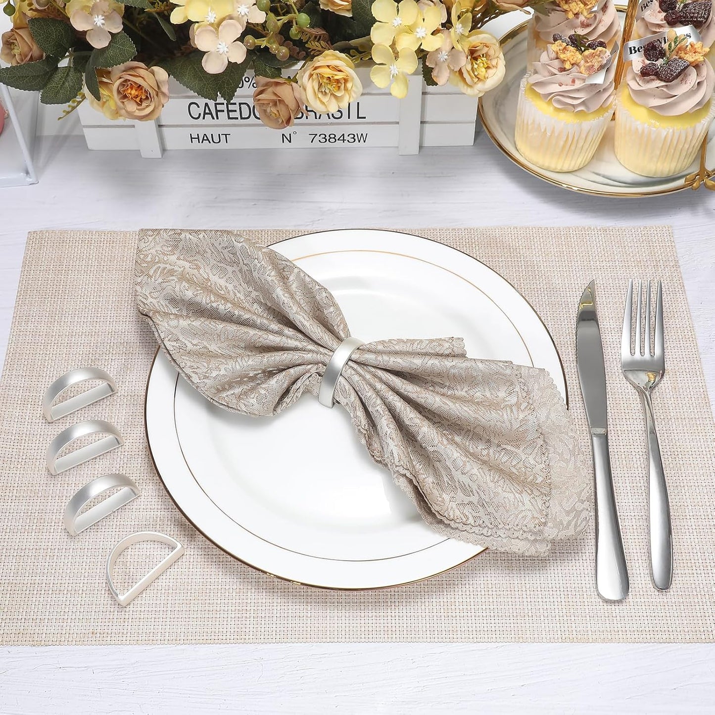 KPOSIYA Napkin Rings Set of 8, Metal Silver Napkin Rings Bulk for Table Settings, D-Shape Napkin Holders Rings for Dinner Table Decor, Easter, Fall,Thanksgiving, Christmas, Party,（Silver 8 pcs）