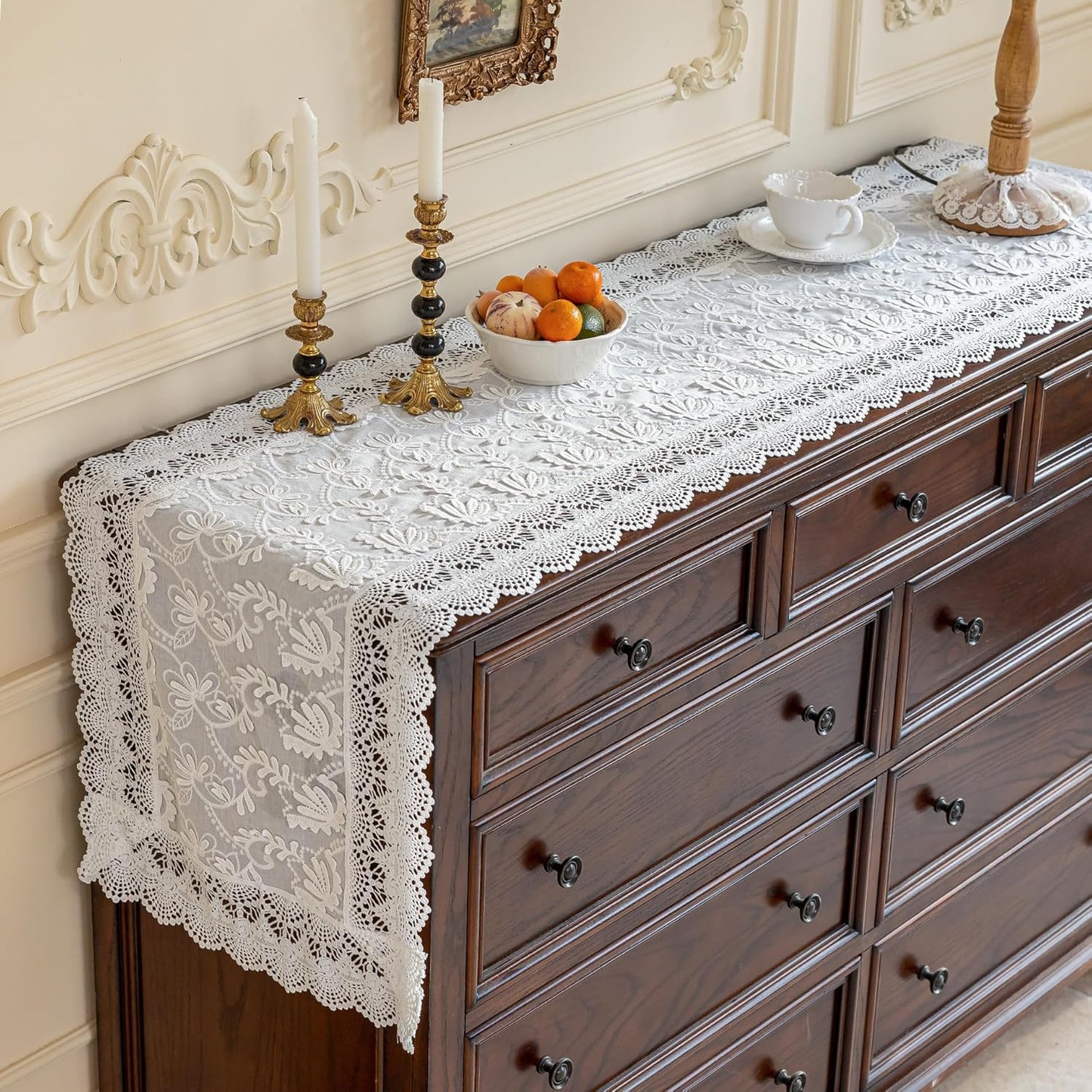 White Elegant Vintage Lace Table Runner,Wedding Lace Decor with Floral Embroidery,Tea Party Decor (White, 13.8X63 Inches)