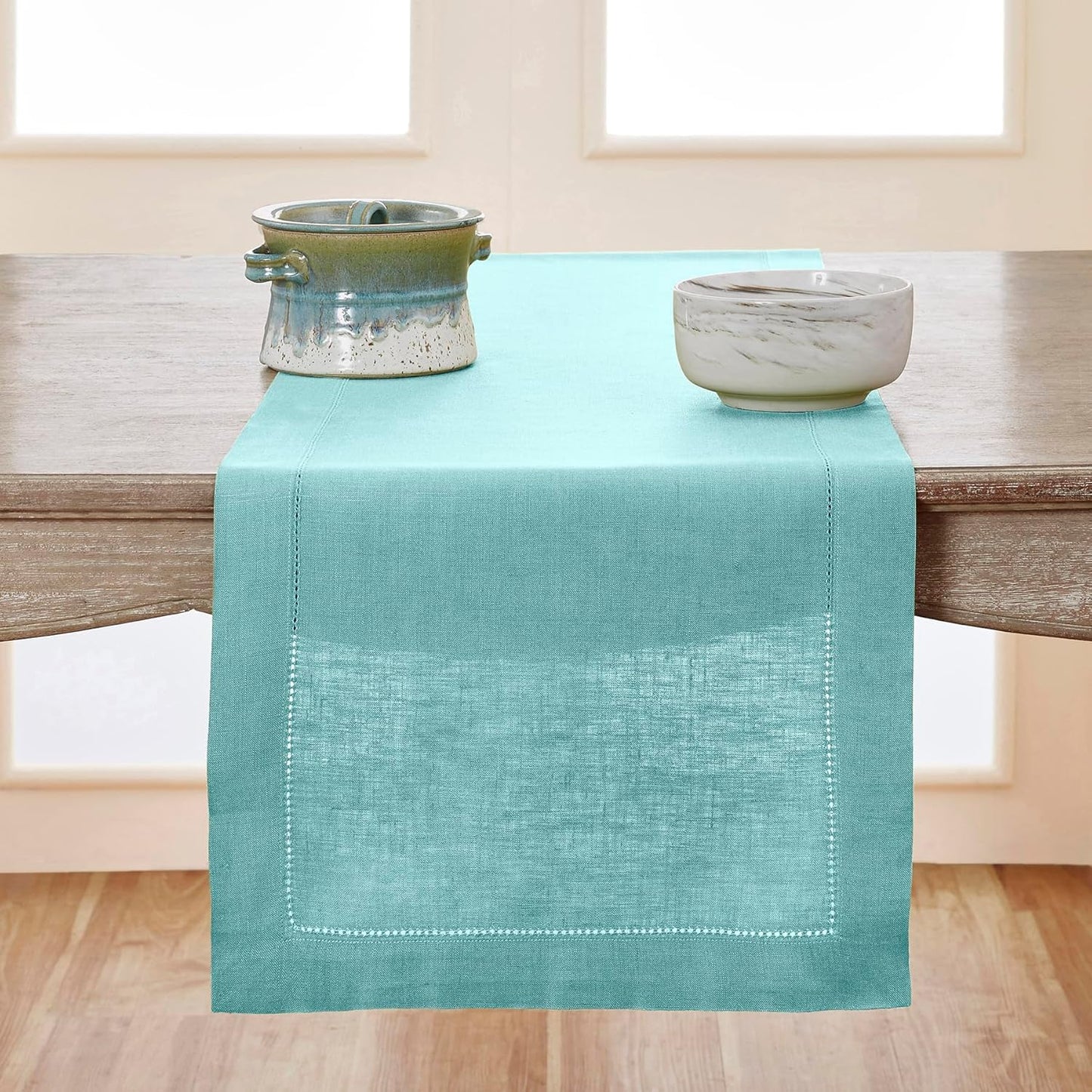 Solino Home Linen Aqua Blue Table Runner 144 Inches Long - 100% Pure Linen Extra Long Table Runner 14 x 144 Inch for Christmas, Holiday - Classic Hemstitch