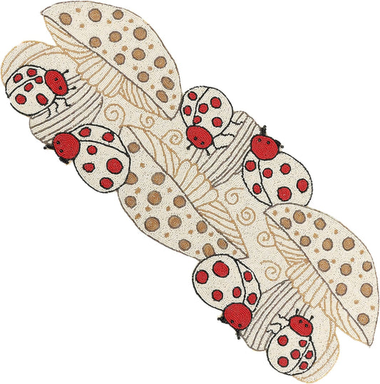 Beaded Table Runner Decorative Glitz Table Runner - 13x36” Handcrafted Runner for Winter Holiday, Kitchen, Dining Table, Spring Décor, Dining Table, Coffee Table or Entryway (Red Ivory) - CLEENTABLE