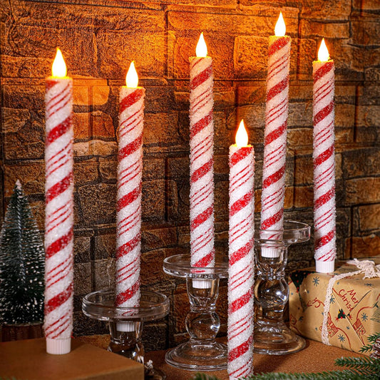 Baquler 6 Pcs Christmas Flameless Taper Candles 10.6 Inch Sea Salt Candy Cane Candles Battery Operated LED Christmas Candlesticks for Xmas Centerpiece Holiday Party Decor
