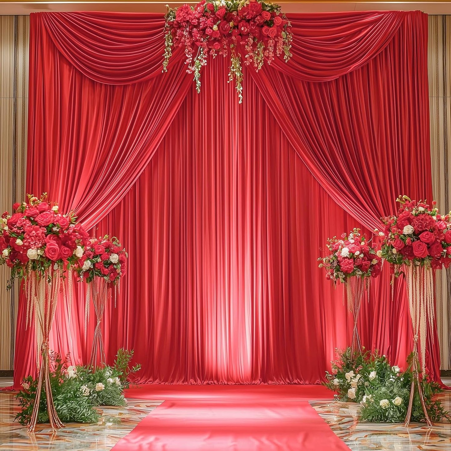 20ftx12ft Wrinkle Free Red Backdrop Curtain, 4 Panels 12FT Height Red Wedding Backdrop Drapes, Silky Polyester Back Drop Cloth for Birthday Photography Background Party Backdrop Draping