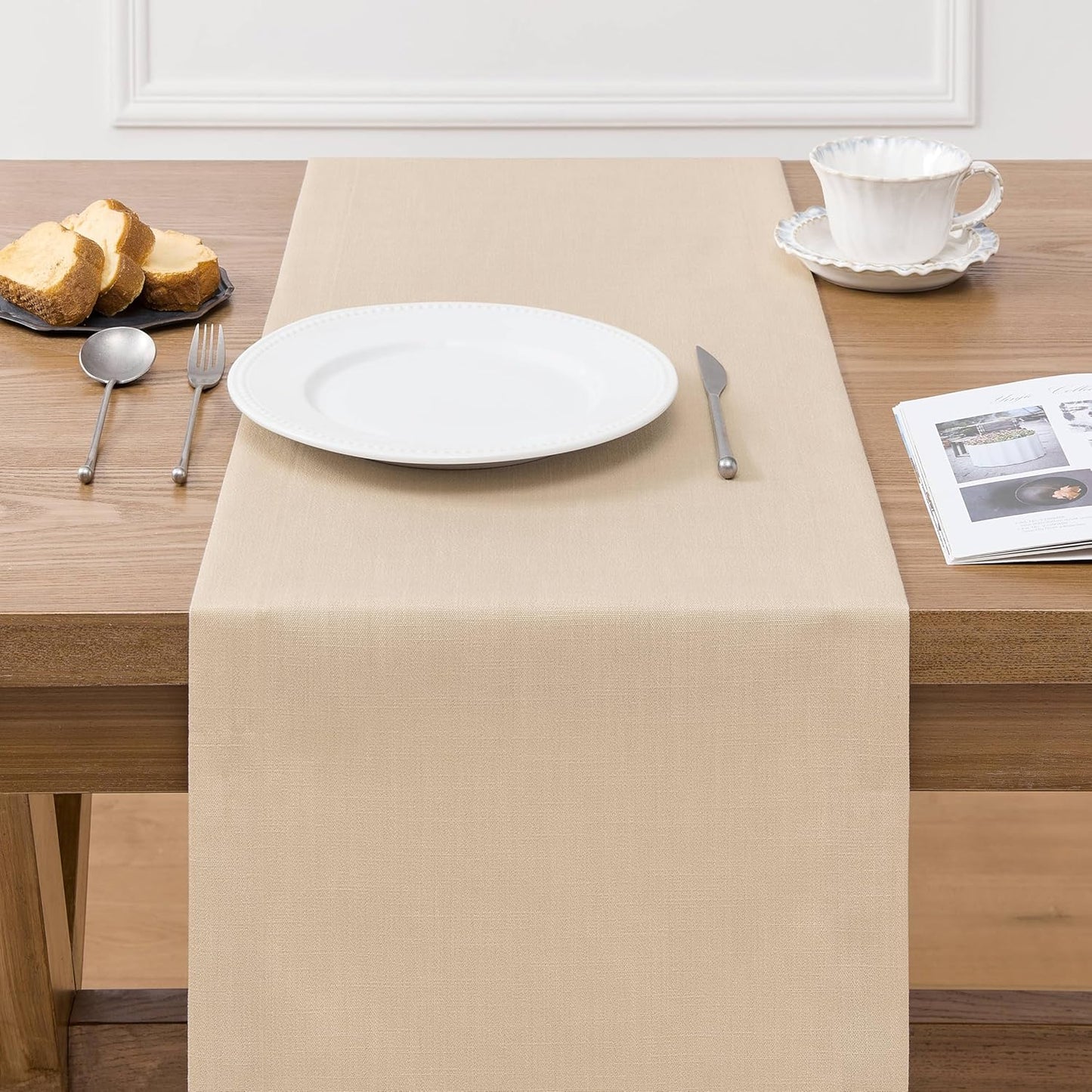 ZeeMart Linen Textured Border Table Runner, 14 x 108 Inch Oatmeal, Farmhouse Style Beige Table Runners 108 Inches Long, Easy Care Everyday Polyester Table Runner