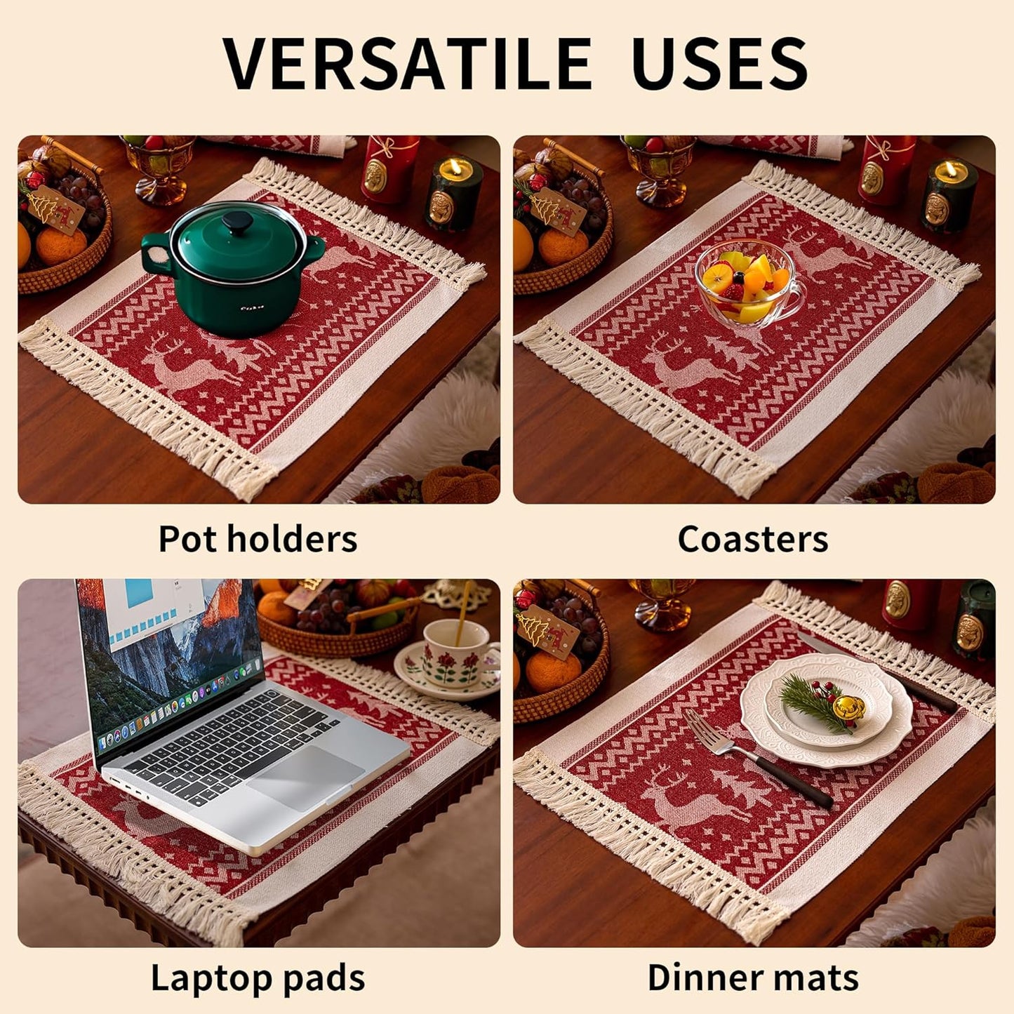 Placemats Set of 4,Elk Placemat with Tassel Fringe,Christmas Placemats for Coffee Table Western Restaurant