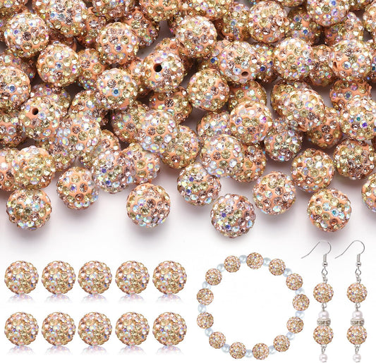 200pcs 10mm Rhinestone Beads for Jewelry Making, Light Peach AB Shiny Round Disco Beads Bulk, Sparkle Crystal Clay Christmas for Bracelet Baseball Necklace Earring Crafting and DIY