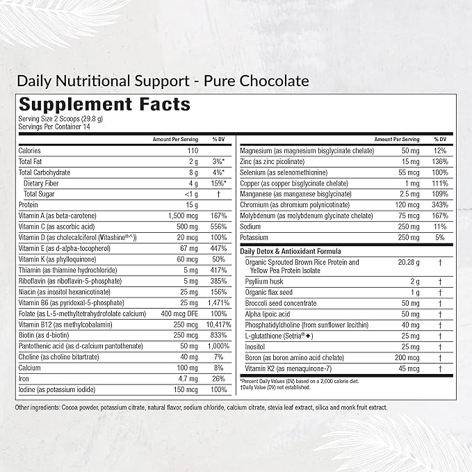 Equilife Daily Nutritional Support, All-in-One Multivitamin Meal Replacement, Pure Chocolate Flavor, 15G Plant Protein, Supports Overall Wellness Including Energy, Digestion, & Skin, 14 Servings