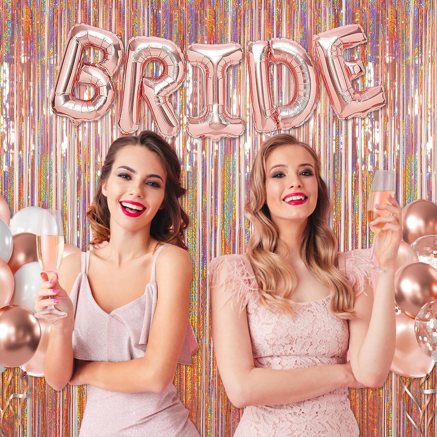 Foil Fringe Backdrop, Melsan 2 Pack 3.2 ft x 8.2 ft Tinsel Foil Fringe Curtains, Sparkle Fringe Curtains for Bachelorette Party Decorations Photo Background Decoration, Rose Gold