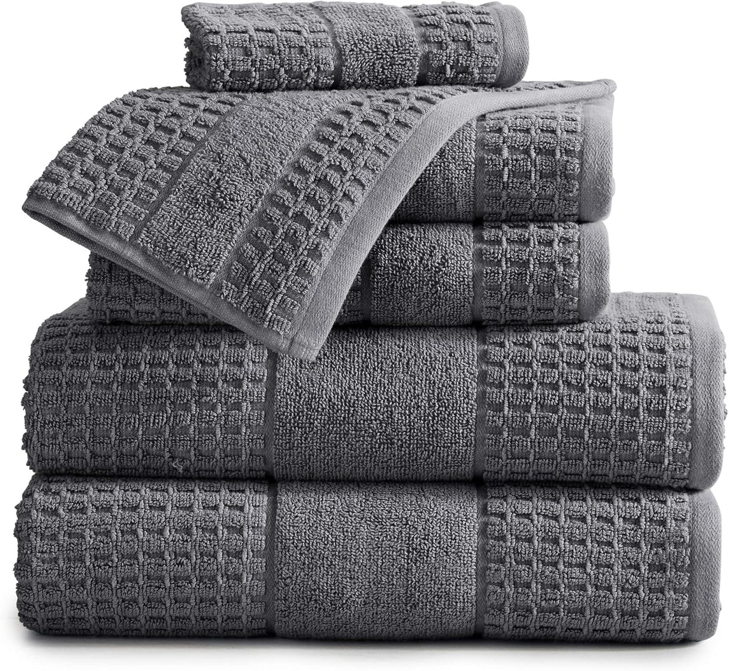 100% Cotton Super Soft Luxury Towel Set | Quick-Dry and Highly Absorbent | Waffle Textured | 550 GSM | 2 Bath Towels, 2 Hand Towels, & 2 Washcloths | Harper Collection (Dark Grey)