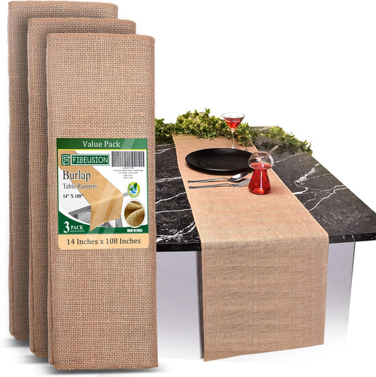 Burlap Table Runners (Pack of 3) – 14”x 108” - No-Fray Finished Edge Premium Quality Natural Table Runner – No Odor, Eco-Friendly Burlap Runner, Perfect for Rustic Table Decor and Other DIY Crafts