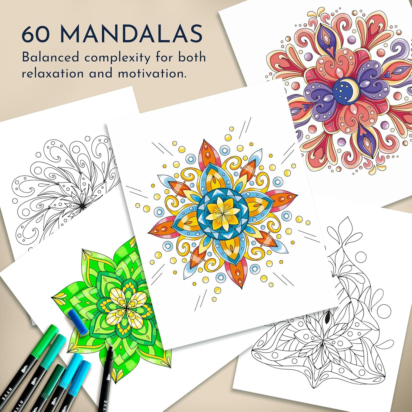 RYVE Mandala Coloring Book for Adults (2 Pack) – 60 Unique Mandalas for Relaxation, Anxiety & Stress Relief – Mindfulness Adult Coloring Book for Women & Men, Inspirational Gifts for Women