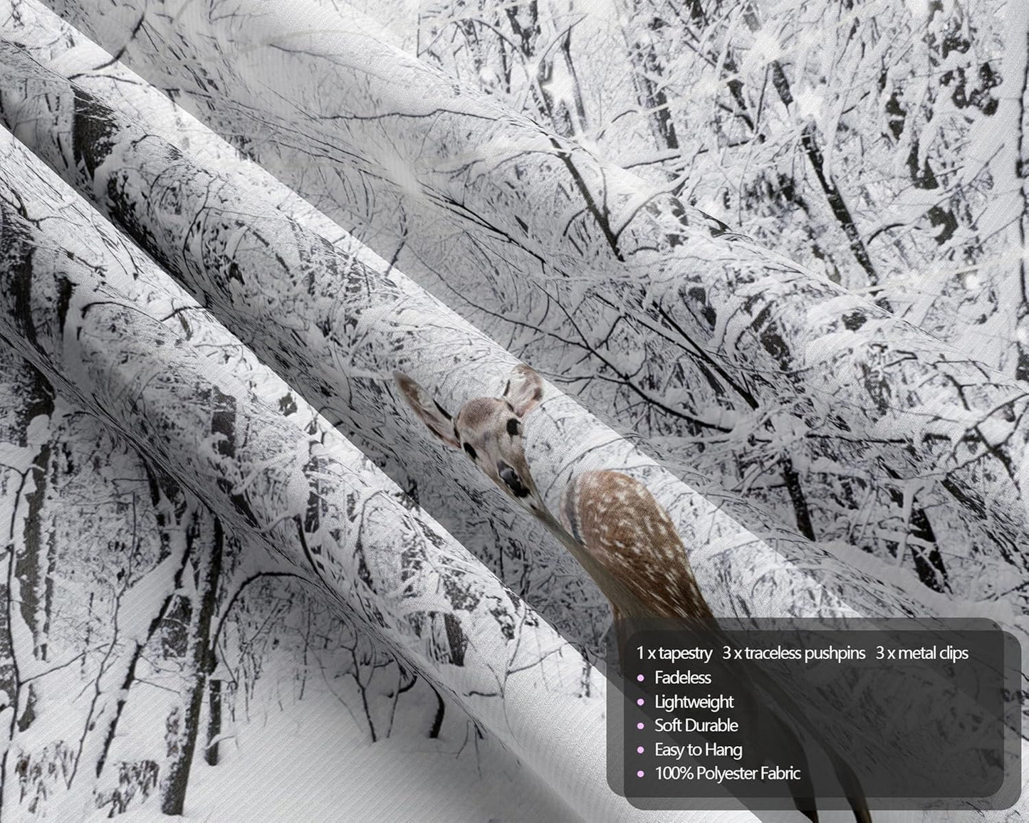 QGHOT Winter Tapestry Wall Hanging Snow Scene Backdrop Winter Wonderland Wall Decor Snowy Forest Wall Art Nature Woodland Deer Tapestry for Bedroom Room Dorm Party Decoration, Large