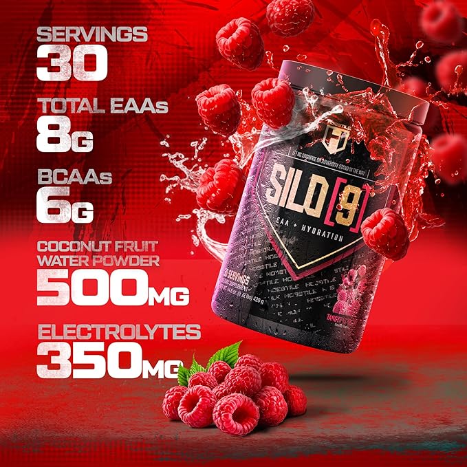HOSSTILE SILO[9] Essential Amino Acids, EAA & BCAA Powder, Electrolyte Hydration Support, Enhance Muscle Growth & Recovery, Pre or Post Workout Drink, Tangy Raspberry, 30 Servings