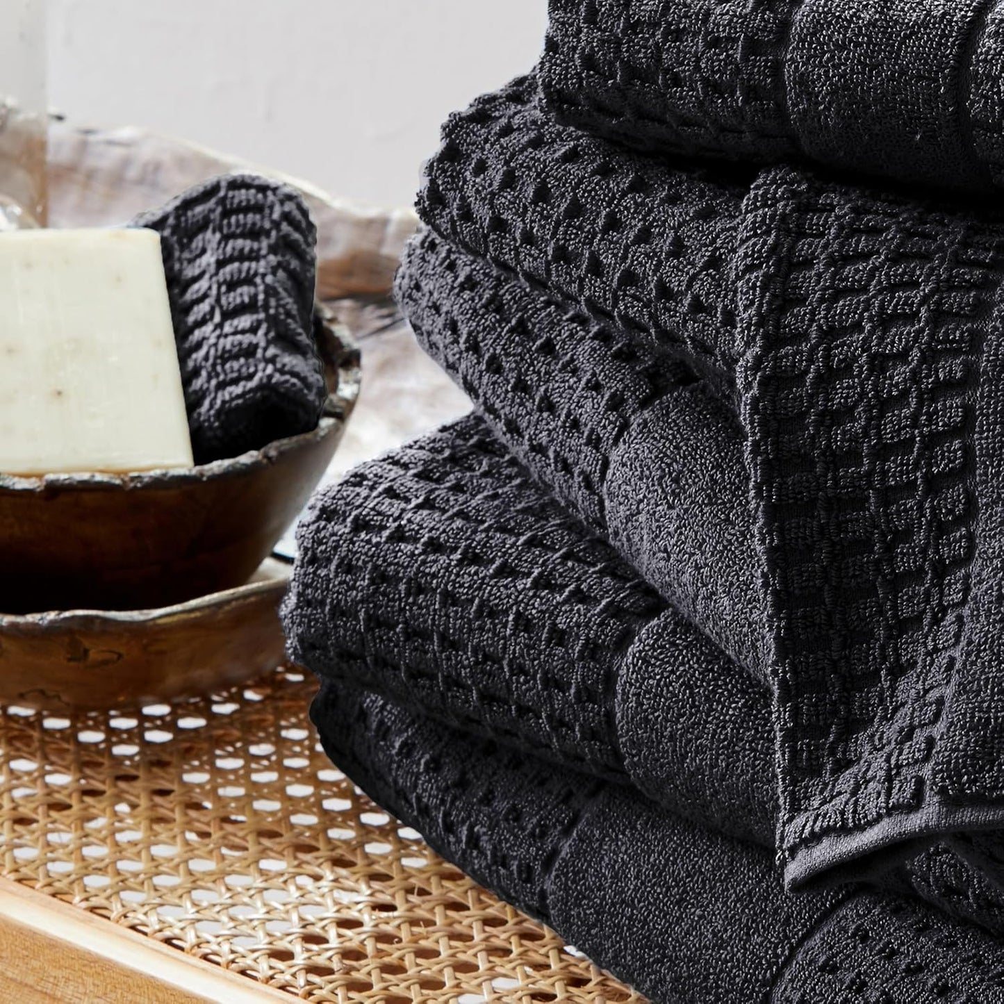 100% Cotton Super Soft Luxury Hand Towel Set | Quick-Dry and Highly Absorbent | Waffle Textured | 550 GSM | Includes 6 Hand Towels | Harper Collection (Black)