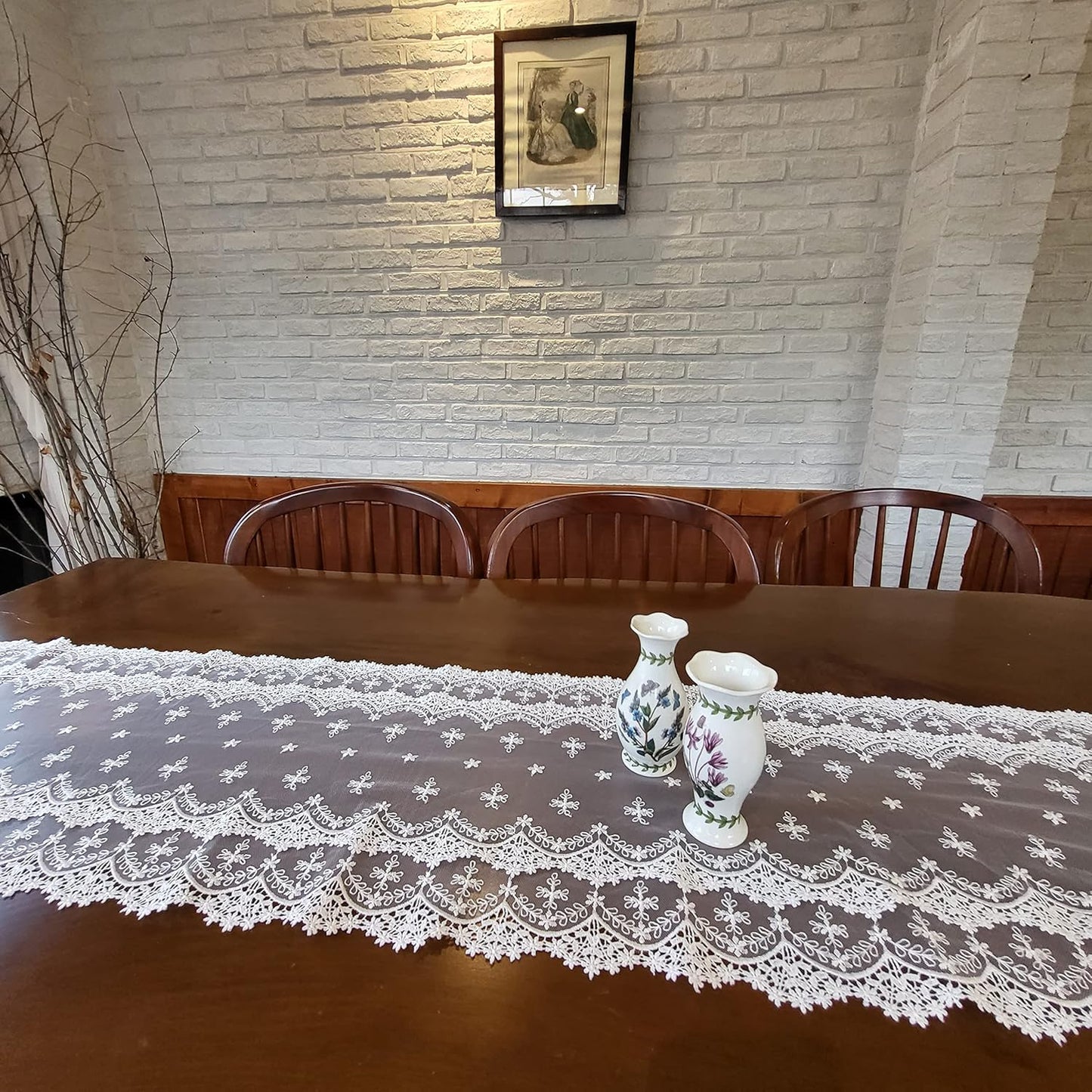 Inicia Table Lace Runner 12×86 inch Embroidered for Holiday Wedding Picnic Daily Dinner Tables White Decor (Polyester, 12"×86" (31cm×220cm))