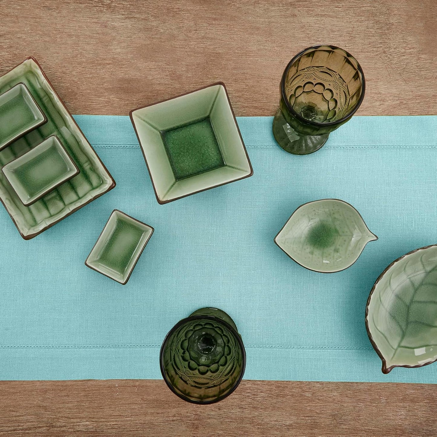 Solino Home Linen Aqua Blue Table Runner 156 Inches Long - 100% Pure Linen Extra Long Table Runner 14 x 156 Inch - Classic Hemstitch